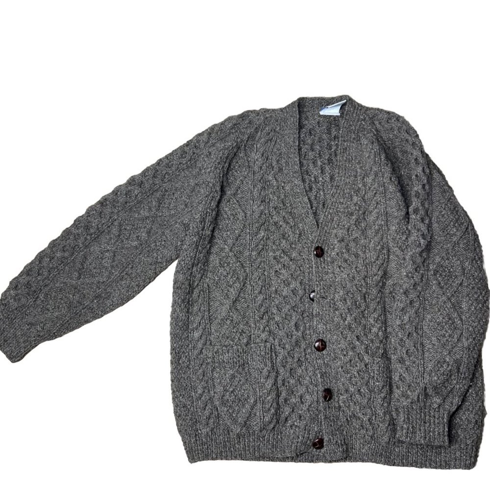 John Molloy Men's Irish Gray Sweater Sz M Wool Nordic Hand Cable Knit Cardigan